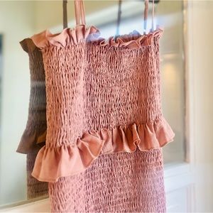 Pink/Peach Ruffled Tiered, Smocked Midi Dress